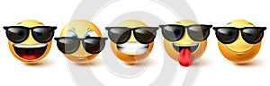 Smiley face vector set. Emoji cool face collection in happy, funny and cute facial expressions