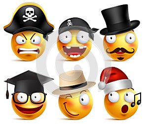 Smiley face vector set of funny toothless pirate, magician, graduate