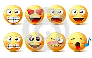 Smiley face vector set. Smileys icons and emoticons with funny, happy, inlove, singing and hurt