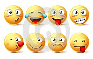 Smiley face vector set. Smileys yellow emoji with happy, funny, kissing, laughing and tired facial expressions