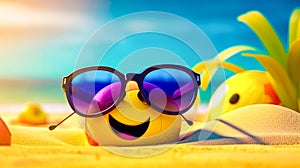 Smiley face wearing sunglasses laying on beach with ball and sunglasses. Generative AI