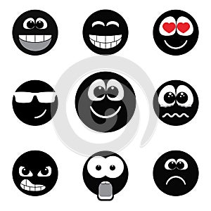 Smiley faces expressing different feelings, black and white version