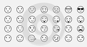 Smiley faces icons. Set of emoticons. Set of emoji isolated on white background. Vector illustration.