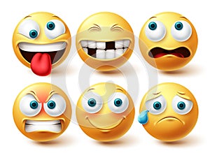 Smiley funny emoji vector set. Smileys emoticon yellow icon collection isolated