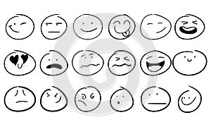 Smiley handdrawn face doodle icon and freehand smile. Emoticon sign sketch and symbol expression vector illustration. Cartoon