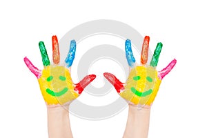 Smiley on hands, friends, joy, fun concept.