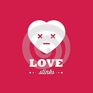 Smiley heart and the text: `Love stinks`. Concept of love. Vector illustration, flat design