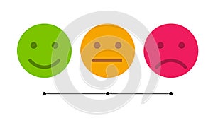 Smiley icon set. Emoticons positive, neutral and negative. Vector isolated red and green mood. Rating smile for customer