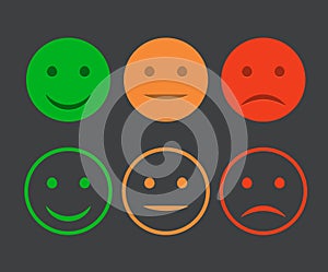 Smiley icon set. Emoticons positive, neutral and negative. Vector isolated red and green mood. Rating smile for customer opinion