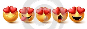 Smiley in love face vector set. Smileys yellow emoji in happy, blushing, kissing and in love facial expressions