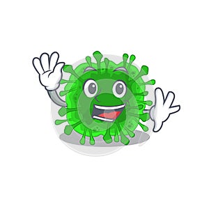 Smiley minunacovirus cartoon mascot design with waving hand