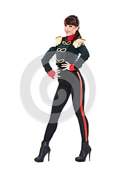 Smiley model in stage costume posing