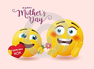 Smiley mother`s day greeting vector design. Happy mothers day text with emoticon child giving flower gift for mom`s day emoji.