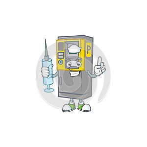 Smiley Nurse parking ticket machine cartoon character with a syringe