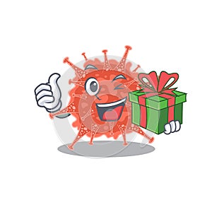 Smiley orthocoronavirinae cartoon character having a gift box photo