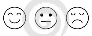 Smiley Sad Neutral Face Feedback Satisfaction Facial Emotion Emoji. Black Outline Illustration Isolated on a White Background. EPS