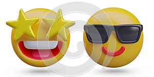 Smiley with stars instead of eyes, face with sunglasses. Vector isolated models to show cool mood