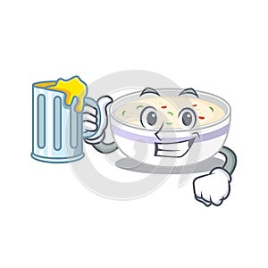 Smiley steamed egg mascot design with a big glass