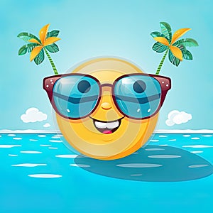 Smiley summer emoticon icon. Smiley summer character at sea. Beach and travel concept. Generative Ai illustration