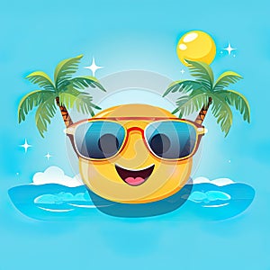 Smiley summer emoticon icon. Smiley summer character at sea. Beach and travel concept. Generative Ai illustration