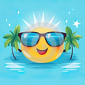 Smiley summer emoticon icon. Smiley summer character at sea. Beach and travel concept. Generative Ai illustration