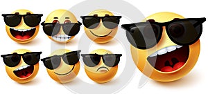 Smiley in sunglasses vector set. Smileys emoji character wearing glasses