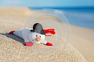 Smiley toy christmas snowman at hot sea beach.