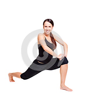 Smiley woman doing flexibility exercises