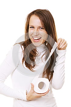 Smiley woman with roll of toilet paper