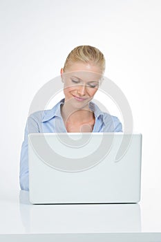 Smiley woman with shirt on isolated