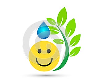 Smiley yellow face with green leaf, water drop emoji on white background