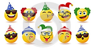 Smileys birthday character vector set. Smiley party emojis wearing birth day hats in cute and funny faces for emoji celebration.
