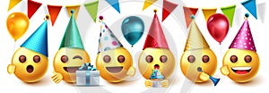 Smileys birthday party vector design set. Smiley emojis collection in party celebration with pennants, balloons and hats. photo