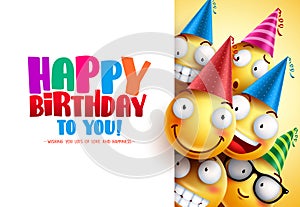 Smileys birthday vector greeting design with yellow funny and happy emotions