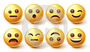 Smileys character vector set. Emoji 3d smiley with happy, sad and upset face emotion isolated in white background for emoticon.