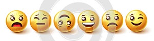 Smileys character vector set. Emojis emoticon characters in facial reaction emotion isolated in white background for 3d emoji.