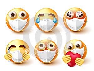 Smileys covid-19 emoji vector set. Emoticons 3d characters in face mask with expressions of sick, dizzy and care for pandemic.