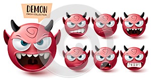 Smileys demon emoji vector set. Smiley emojis halloween red mascot character collection photo