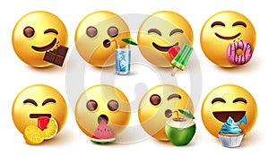 Smileys eating emoji vector set. Smiley emojis 3d eating and drinking foods like fruits and dessert isolated in white background. photo