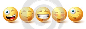 Smileys emoji happy face vector set. Smiley icons and emoticon with funny, happy and winking facial expressions