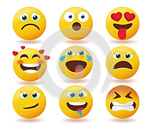 Smileys emoji reaction vector set. Emojis smiley yellow faces collection with facial expression isolated in white background.