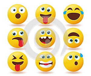 Smileys emoji reaction vector set. Emojis smiley yellow faces collection with facial expression isolated in white background.