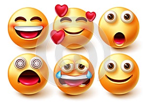 Smileys emoji vector character set. Smiley 3d emoticons like in love, happy, crying and dizzy facial expressions isolated in white photo