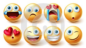 Smileys emoji vector set. Smiley emoticons graphic 3d design in funny, cute and sad broken hearted face emotions for emojis. photo