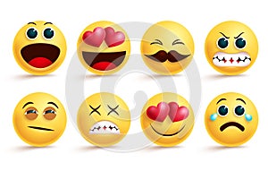 Smileys emoji vector set. Smiley yellow face emojis and emoticons with different facial expressions.