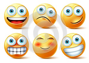 Smileys emojis and emoticons face vector set. Smiley emoji cute faces in happy, angry and funny facial expression.