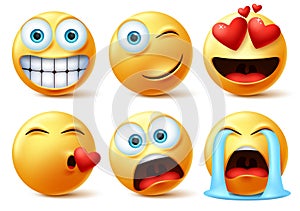 Smileys emojis and emoticons face vector set. Smiley icon or emoticon of cute yellow faces in kissing, in love, crying, surprise. photo