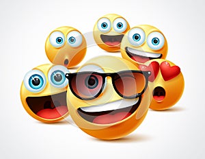 Smileys emojis famous celebrity vector concept. Famous smiley emoticon yellow faces group in 3d realistic avatar. photo