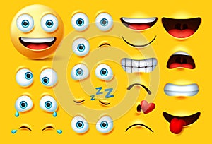 Smileys emoticon character creation vector set. Smiley emoji face kit eyes and mouth in angry, crazy, crying, naughty, kissing.