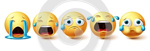 Smileys emoticon crying vector set. Smiley emojis sad collection and yellow icon for graphic elements photo